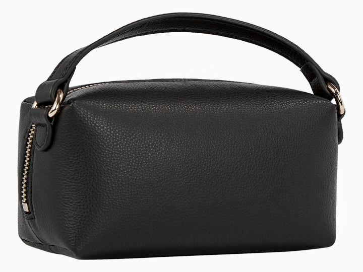 Bolso cilíndrico de cuero negro Tommy Hilfiger con logo dorado y asa superior.