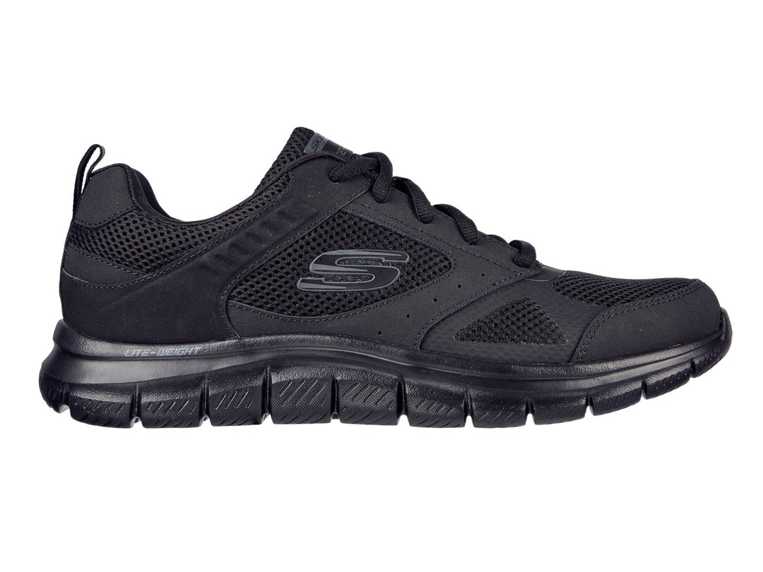 Tenis deportivos Skechers Track en color negro con detalles de malla y suela ligera.