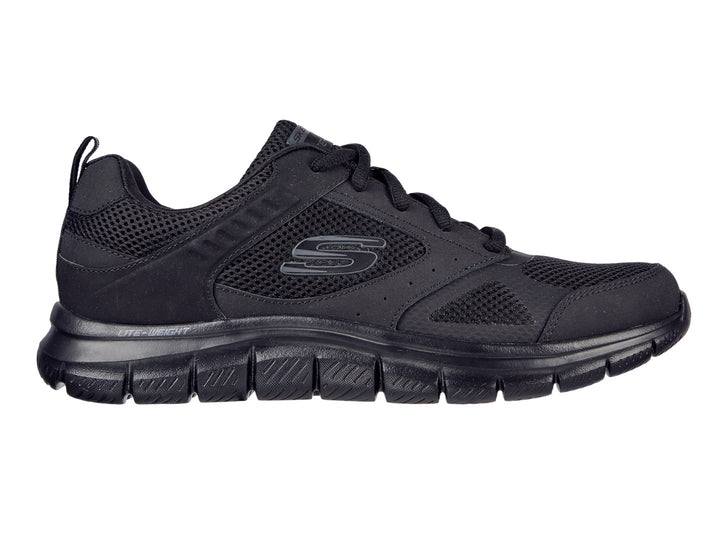 Tenis deportivos Skechers Track en color negro con detalles de malla y suela ligera.