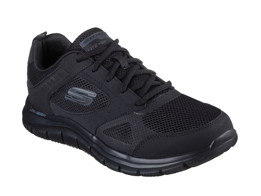 Tenis deportivos Skechers Track en color negro con detalles de malla y suela ligera.
