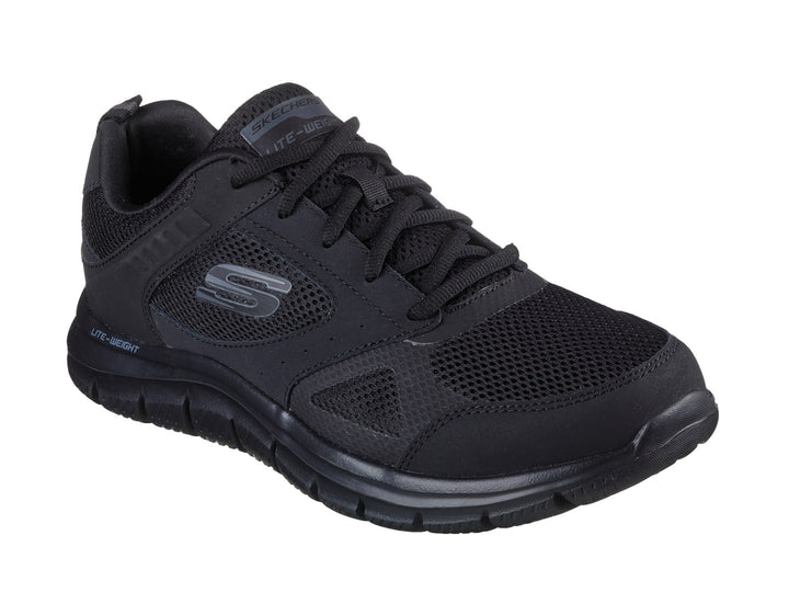 Tenis deportivos Skechers Track en color negro con detalles de malla y suela ligera.
