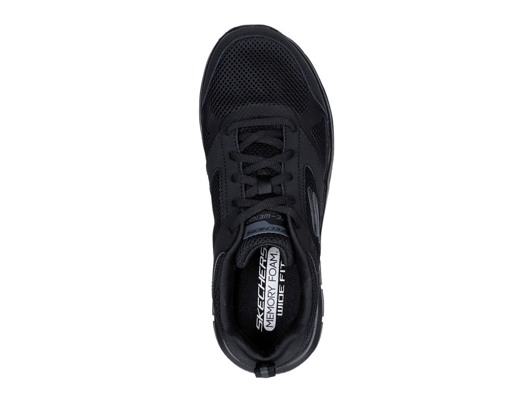Tenis deportivos Skechers Track en color negro con detalles de malla y suela ligera.