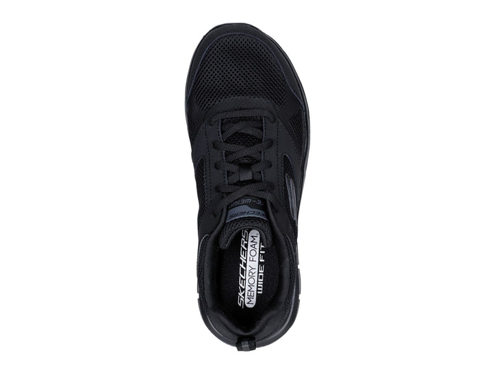 Tenis deportivos Skechers Track en color negro con detalles de malla y suela ligera.