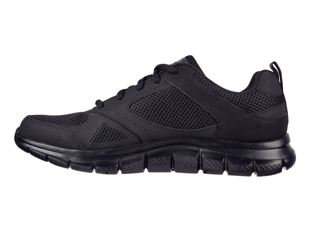 Tenis deportivos Skechers Track en color negro con detalles de malla y suela ligera.