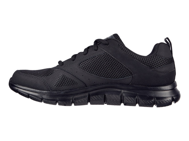 Tenis deportivos Skechers Track en color negro con detalles de malla y suela ligera.