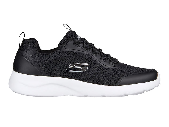 Tenis deportivos Skechers color negro con suela blanca y tejido de malla.