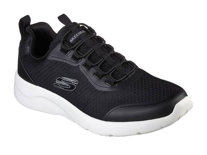 Tenis deportivos Skechers color negro con suela blanca y tejido de malla.