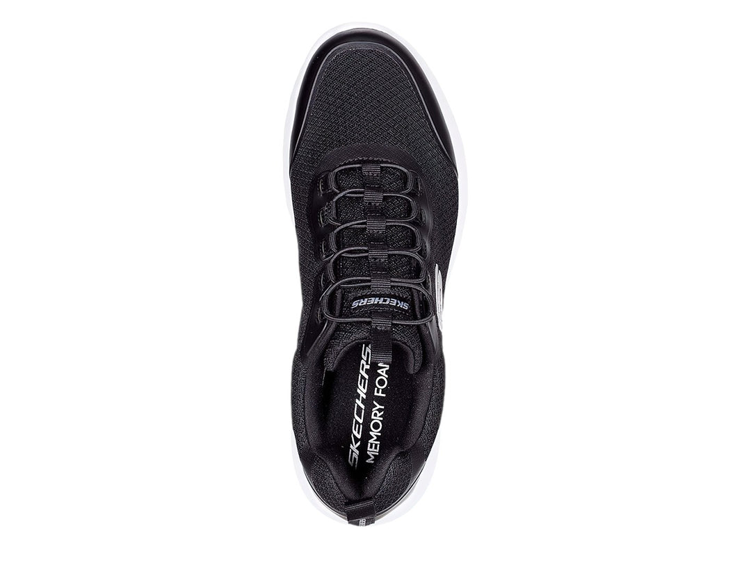 Tenis deportivos Skechers color negro con suela blanca y tejido de malla.