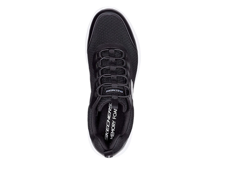 Tenis deportivos Skechers color negro con suela blanca y tejido de malla.