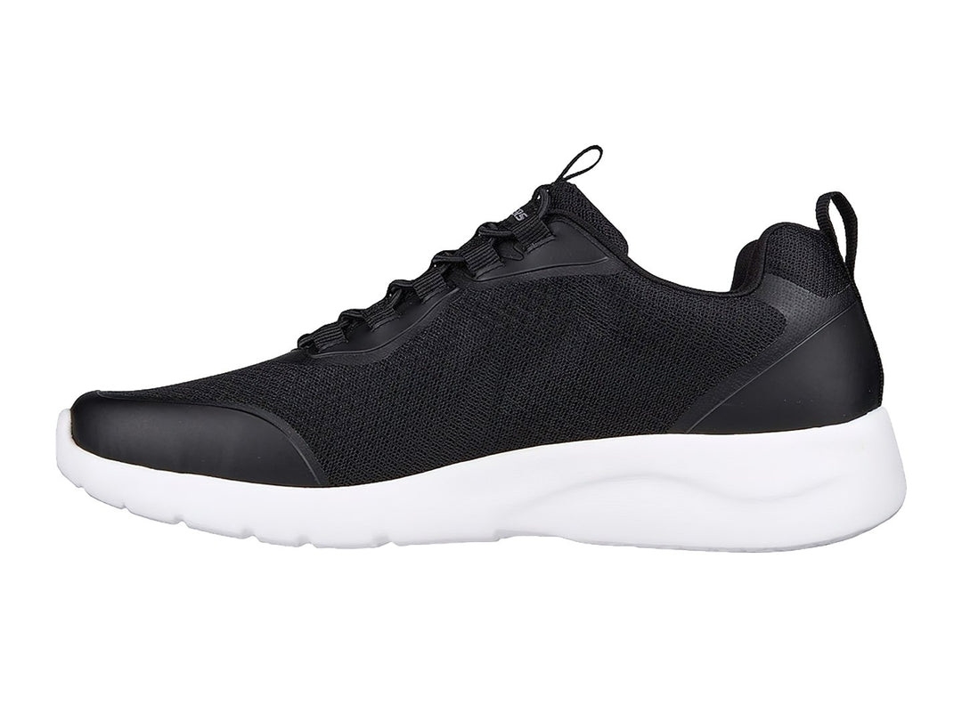 Tenis deportivos Skechers color negro con suela blanca y tejido de malla.
