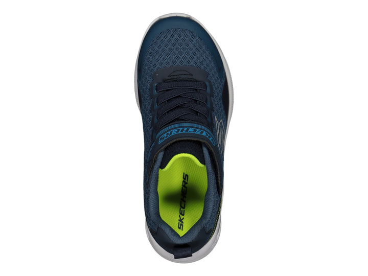 Tenis deportivos Skechers color azul con suela blanca y detalles en verde lima, cierre de correa y agujetas.