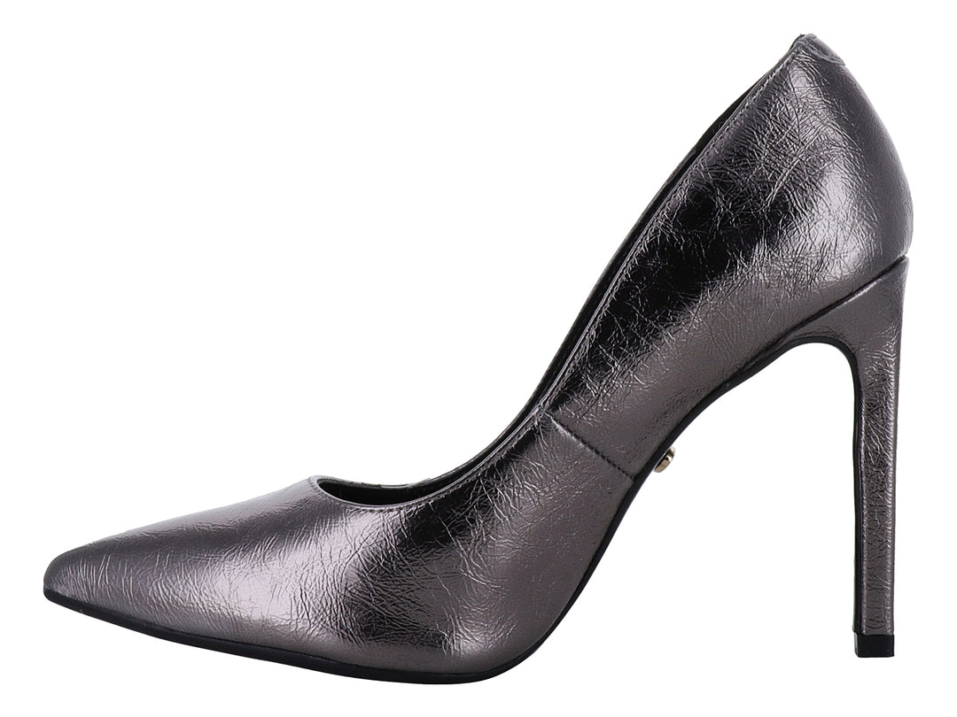 Zapato de tacón alto estilo stiletto en color gunmetal metálico con punta cerrada para mujer.