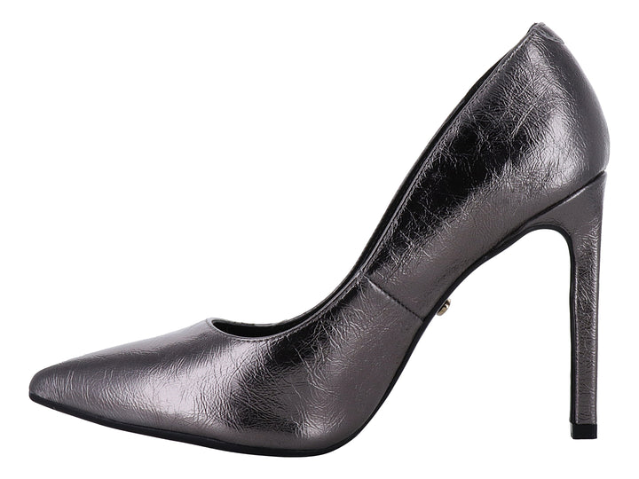 Zapato de tacón alto estilo stiletto en color gunmetal metálico con punta cerrada para mujer.
