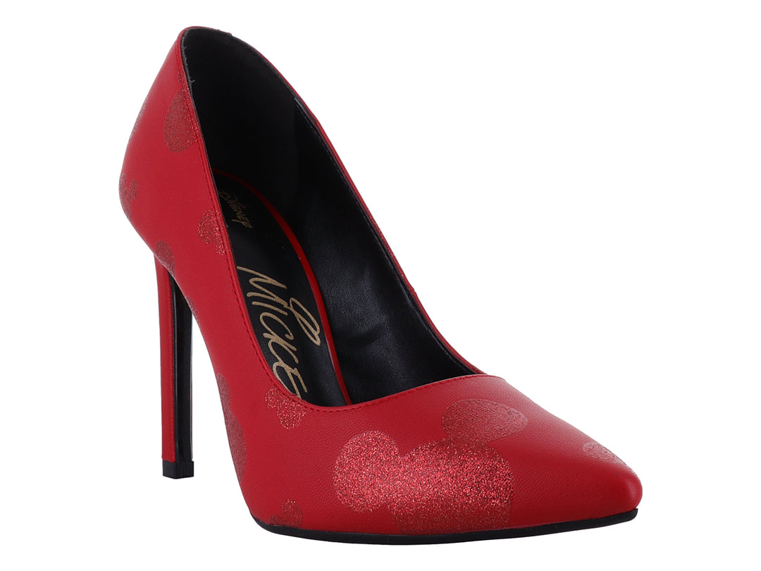 Zapatilla roja de tacón alto con detalles brillantes de Mickey Mouse y suela negra.