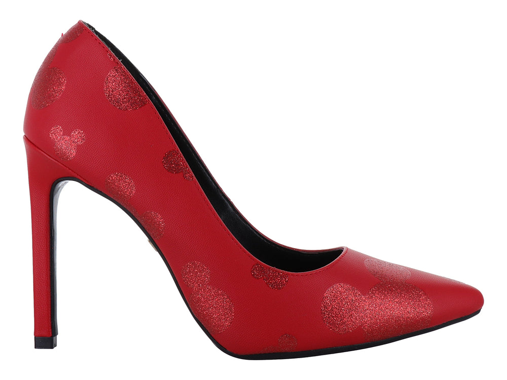 Zapatilla roja de tacón alto con detalles brillantes de Mickey Mouse y suela negra.