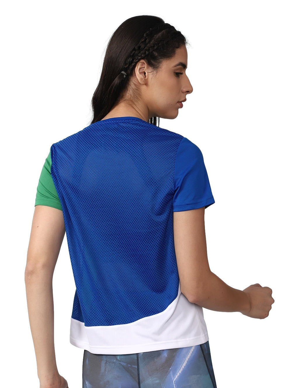 Camiseta deportiva Reebok de bloques de color azul, blanco y verde para mujer.