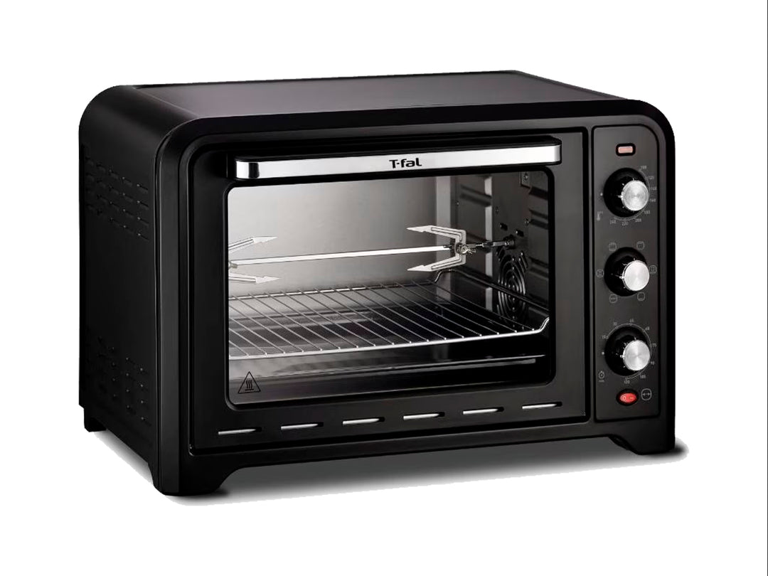 Horno tostador y rosticero T-fal en color negro con puerta de vidrio y perillas de control laterales.