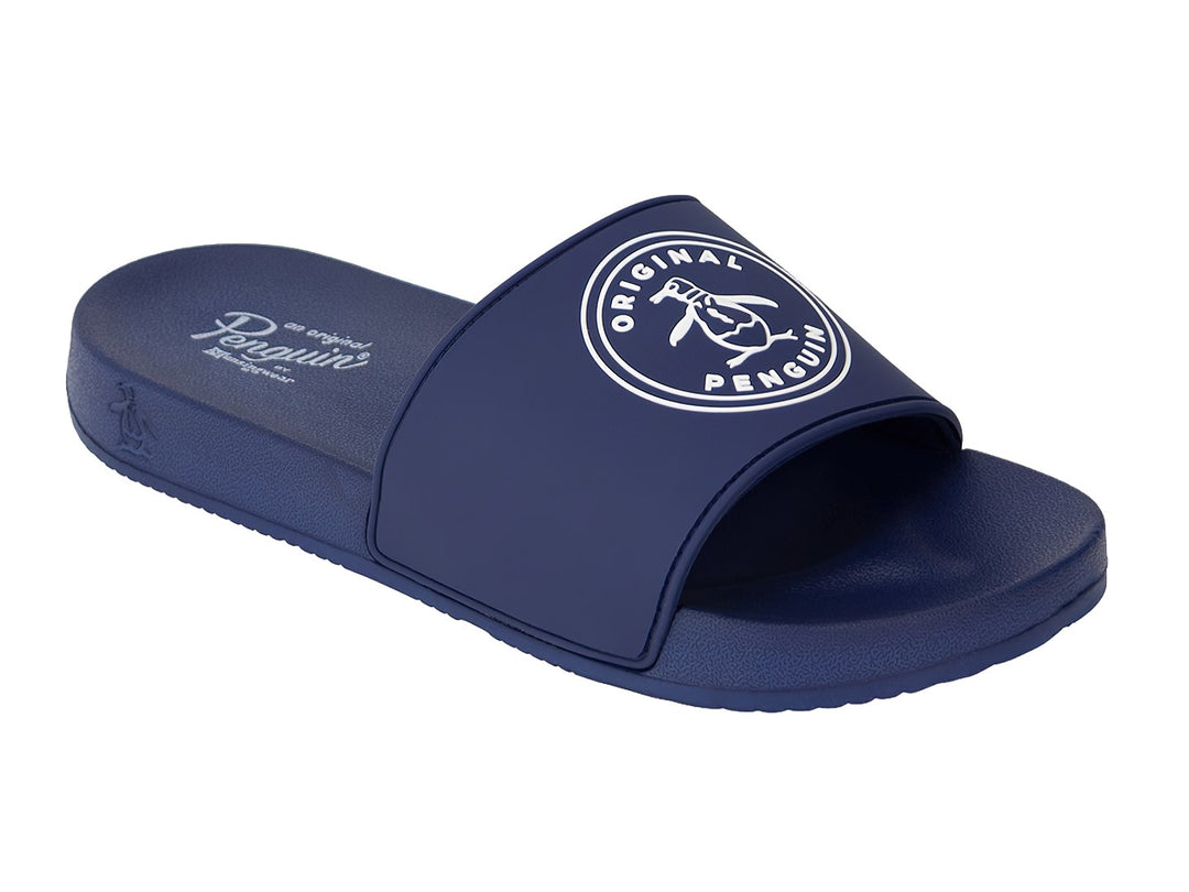 Sandalias deslizantes color azul marino de la marca Original Penguin con logo blanco en la banda.