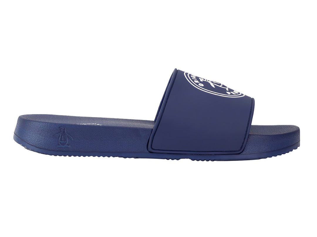 Sandalias deslizantes color azul marino de la marca Original Penguin con logo blanco en la banda.