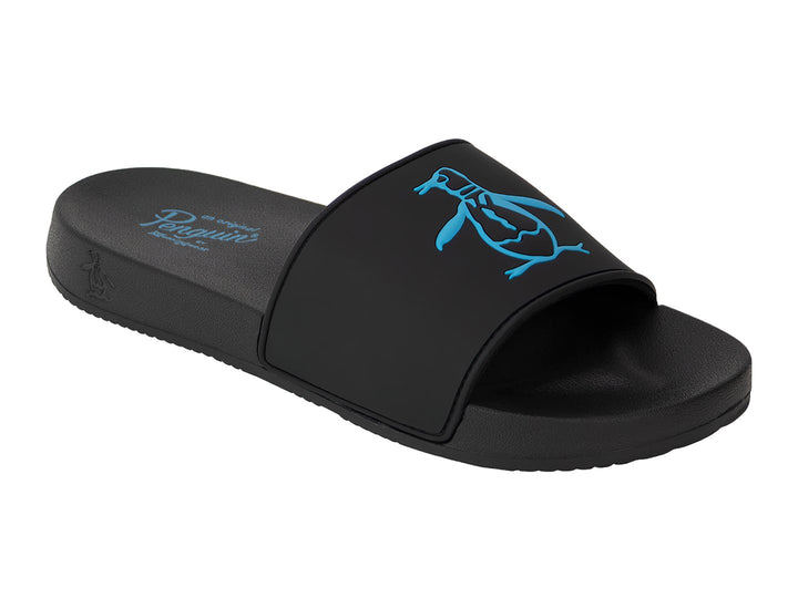 Sandalias negras tipo slide de la marca Penguin con logo de pingüino en color azul.