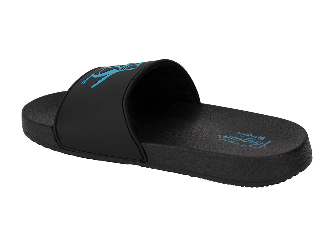 Sandalias negras tipo slide de la marca Penguin con logo de pingüino en color azul.