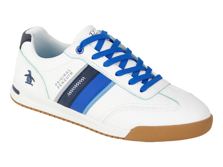 Tenis blancos Penguin con franjas azules y suela color miel.
