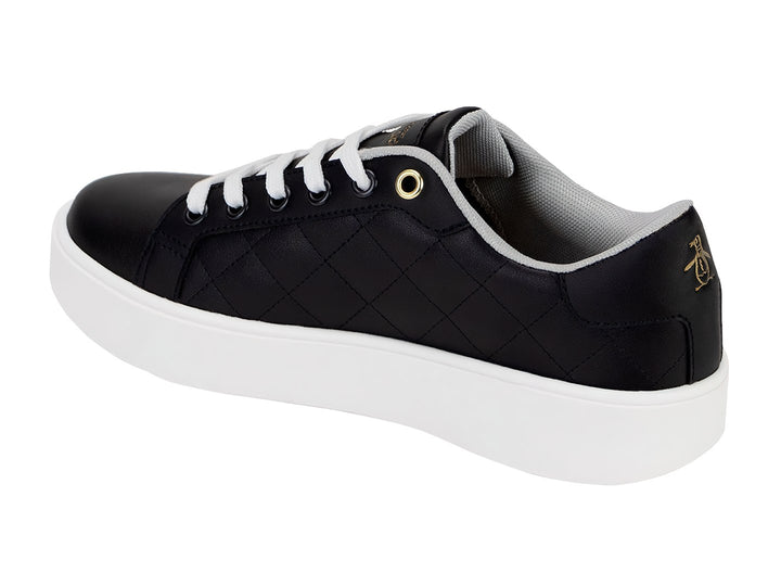 Tenis Penguin color negro con textura acolchada de rombos y suela blanca contrastante.