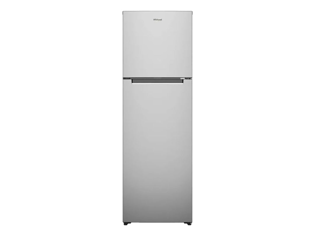 Refrigerador Whirlpool de dos puertas en color plata con acabado metálico liso.