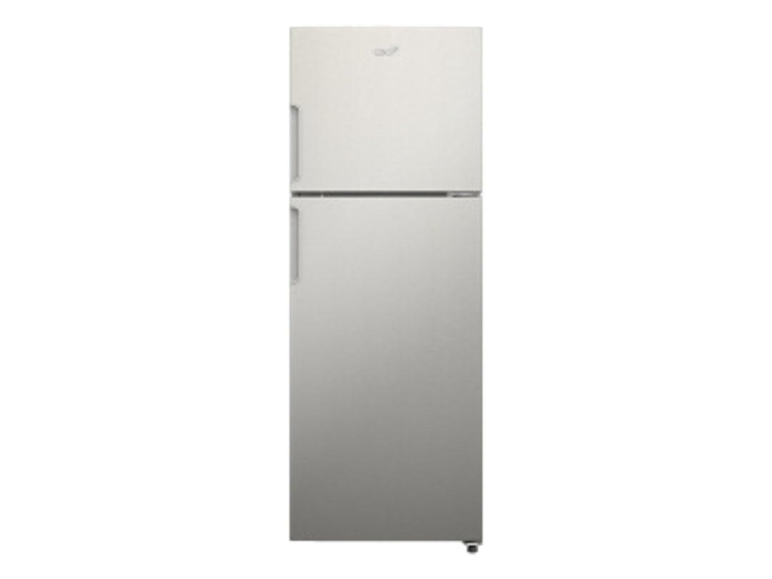 Refrigerador Acros de dos puertas en color plata con acabado metálico liso.