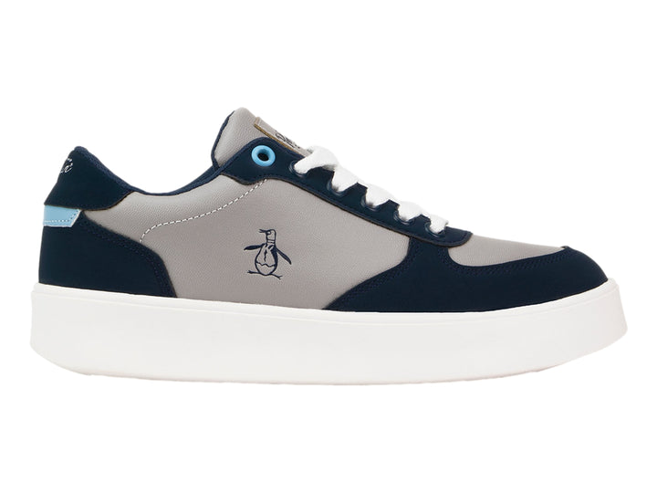 Tenis Penguin en colores azul marino y gris con suela blanca y cordones blancos.