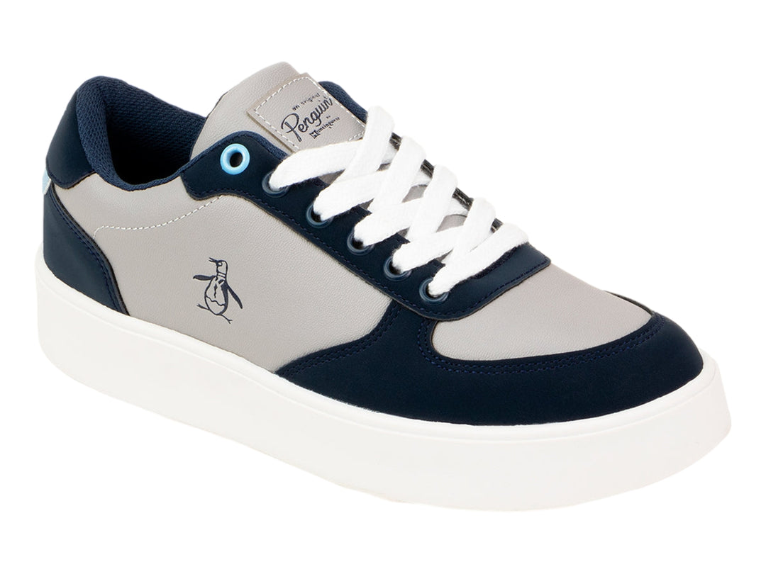 Tenis Penguin en colores azul marino y gris con suela blanca y cordones blancos.