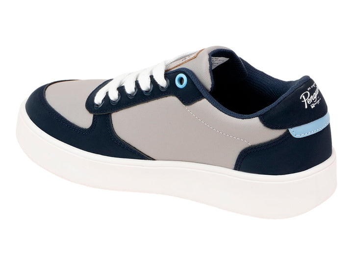 Tenis Penguin en colores azul marino y gris con suela blanca y cordones blancos.
