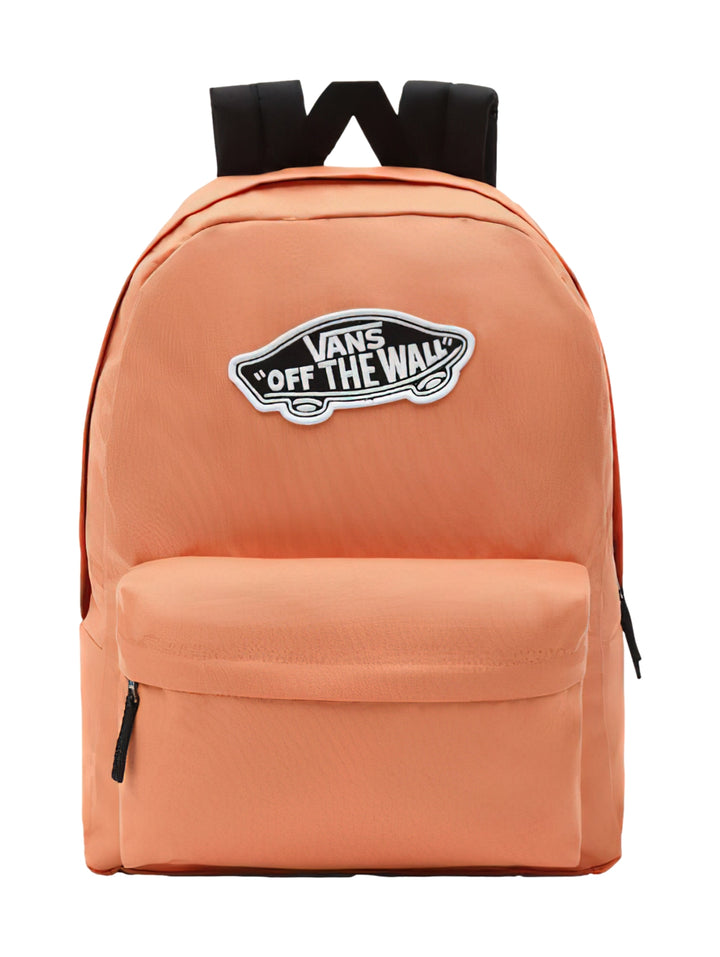 Mochila escolar VANS color naranja Sun Baked con correas negras y logotipo frontal.