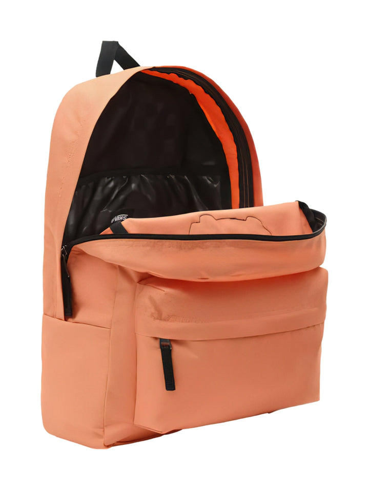 Mochila escolar VANS color naranja Sun Baked con correas negras y logotipo frontal.