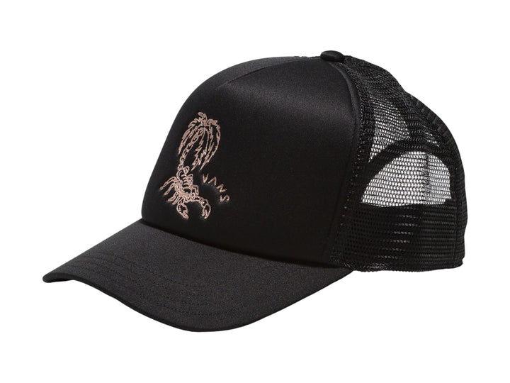 Gorra negra VANS Munson Curved Bill Trucker con visera curva y panel trasero de malla.