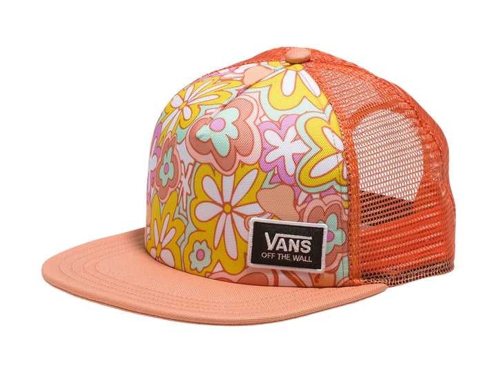 Gorra Vans modelo Trucker Hat II con estampado de flores multicolor y malla naranja en la parte posterior.