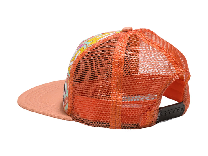 Gorra Vans modelo Trucker Hat II con estampado de flores multicolor y malla naranja en la parte posterior.
