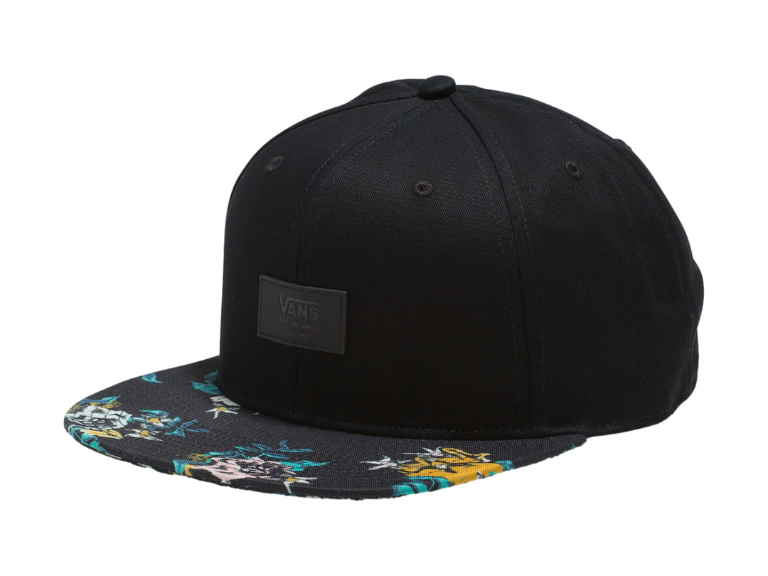 Gorra negra de marca Vans con visera plana estampada en colores azul, amarillo y verde.