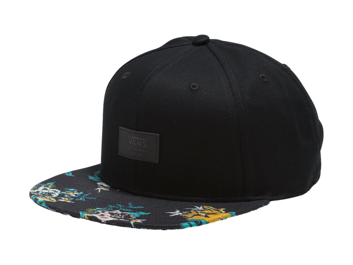 Gorra negra de marca Vans con visera plana estampada en colores azul, amarillo y verde.
