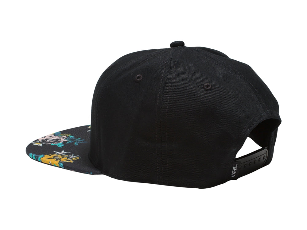 Gorra negra de marca Vans con visera plana estampada en colores azul, amarillo y verde.