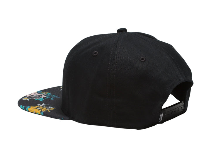 Gorra negra de marca Vans con visera plana estampada en colores azul, amarillo y verde.