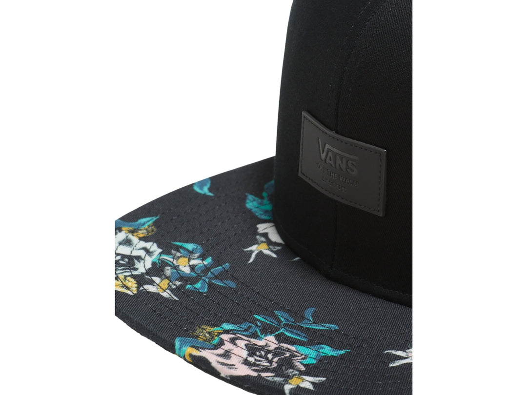 Gorra negra de marca Vans con visera plana estampada en colores azul, amarillo y verde.