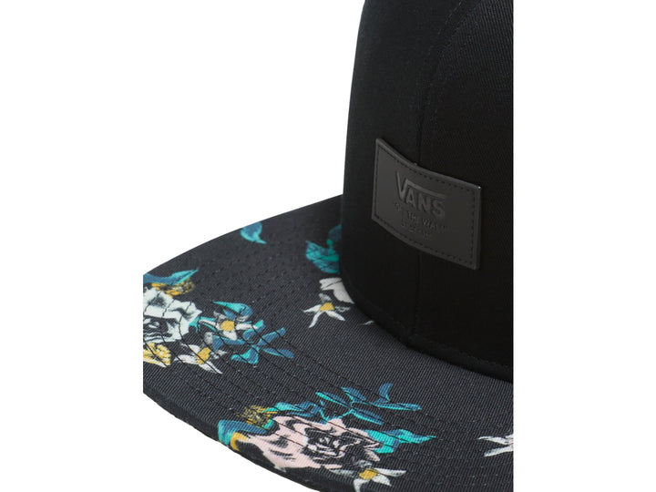 Gorra negra de marca Vans con visera plana estampada en colores azul, amarillo y verde.