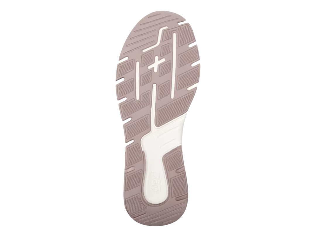 Tenis Flexi color rosa viejo con suela blanca, diseño slip-on de tejido textil.