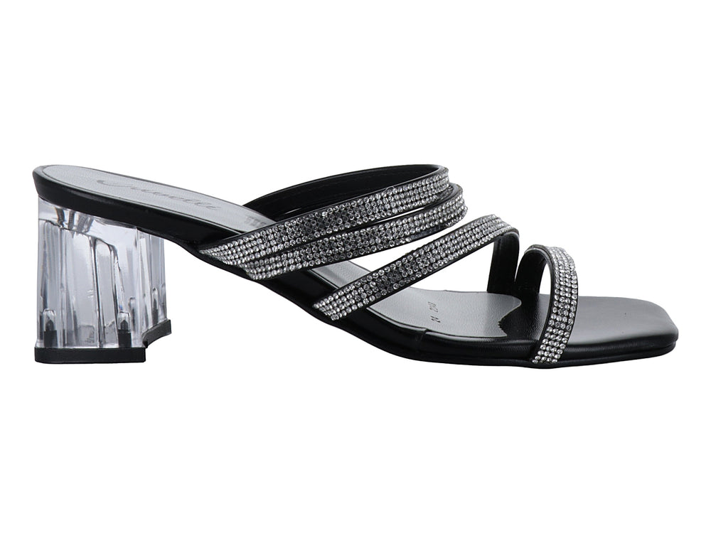 Sandalias negras de tacón cuadrado transparente con tiras decoradas con pedrería plateada brillante.
