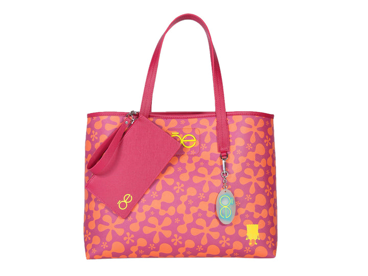 Bolso tote Cloe color magenta con estampado floral naranja y estuche coordinado.