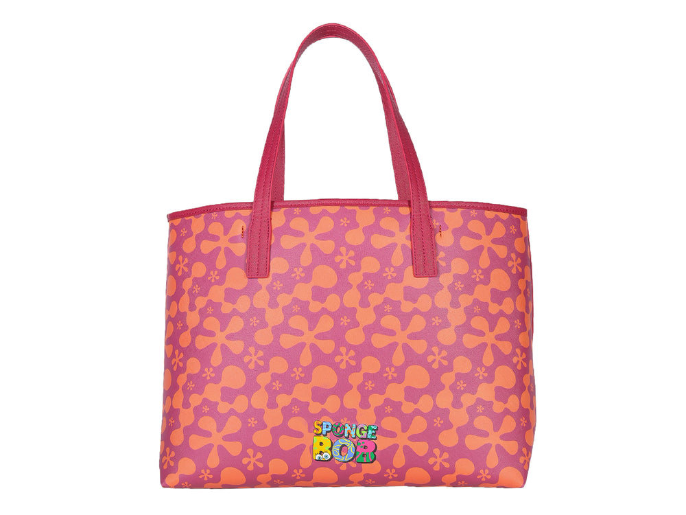 Bolso tote Cloe color magenta con estampado floral naranja y estuche coordinado.