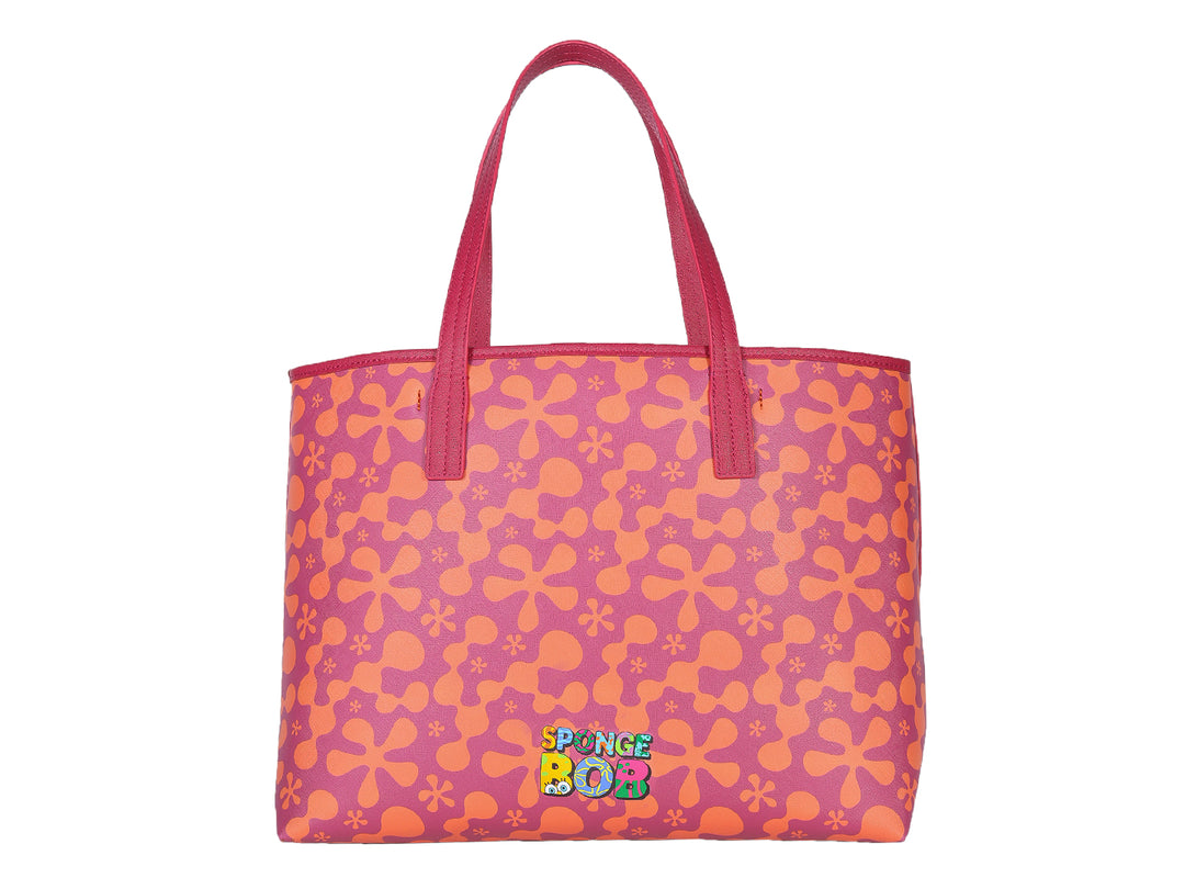 Bolso tote Cloe color magenta con estampado floral naranja y estuche coordinado.