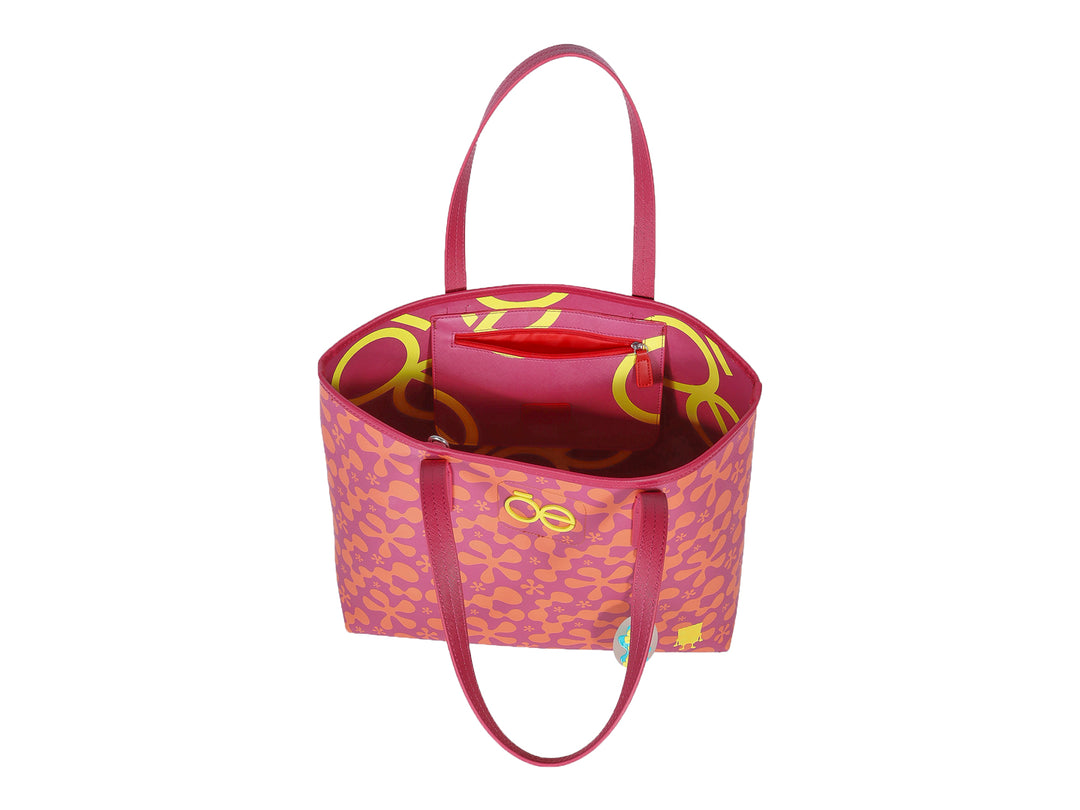 Bolso tote Cloe color magenta con estampado floral naranja y estuche coordinado.
