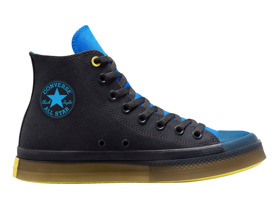 Tenis Converse Chuck Taylor All Star CX Hi en color gris oscuro con detalles en azul y suela translúcida amarilla.